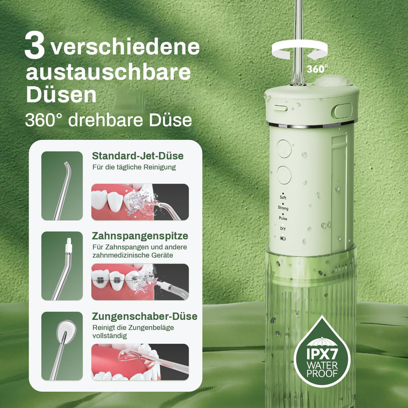 [Australia] - JTF Oral Irrigator Mini, Portable Electric Teeth Cleaning Wireless, Travel Interdental Cleaner with 5 Replacement Nozzles, 4 Modes Water Flosser, 230ML Retractable Water Tank, IPX7 Waterproof (Green) Green 