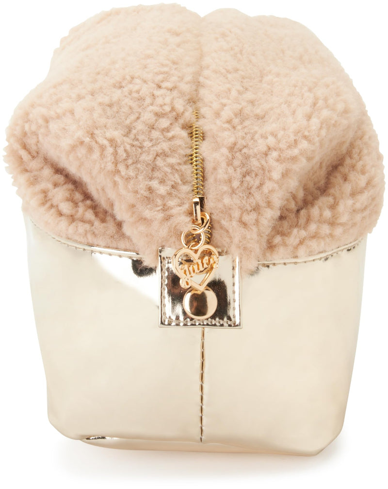 Juicy Couture Gold Makeup Bag Cosmetics Organizer Travel Essentials Zip Top Wedge Shiny Rhinestone Faux Shearling