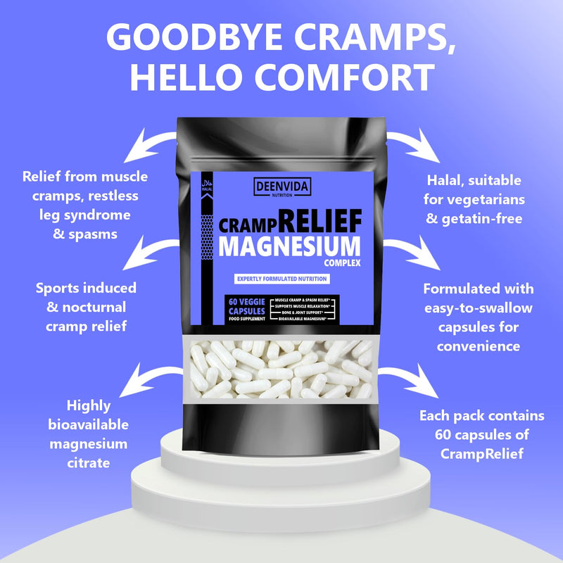 Cramp Relief Supplement, Magnesium Supplement for Muscle & Leg Cramps & Spasms, with Magnesium, VIT D3 & Calcium for Sleep & Muscle Relaxation, Halal & Suitable for Vegetarians, DeenVida Nutrition