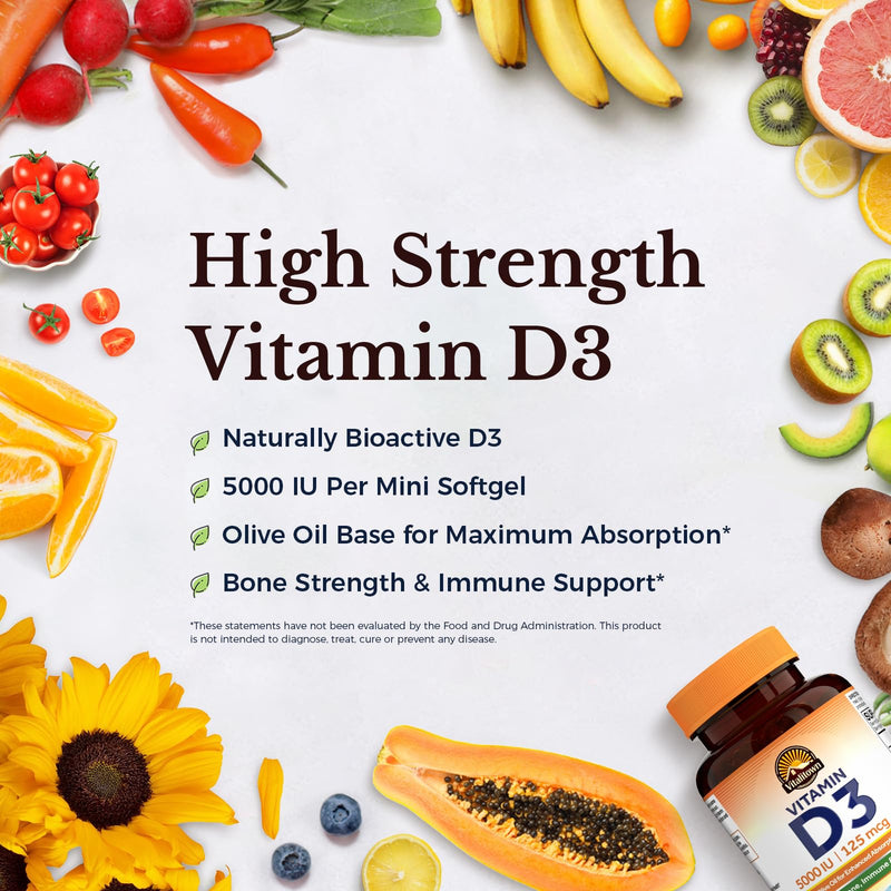 Vitalitown Vitamin D3 125 mcg (5000 IU) High Potency for Bone, Teeth, Heart and Immune Health Support, Olive Oil Based, Non-GMO and No Gluten, 90 Softgels
