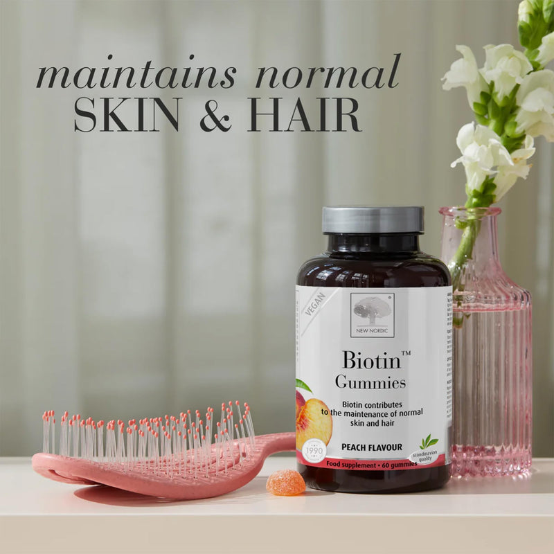 New Nordic Biotin Gummies, Biotin Supplement for Skin and Hair, Peach Flavour, 60 Count