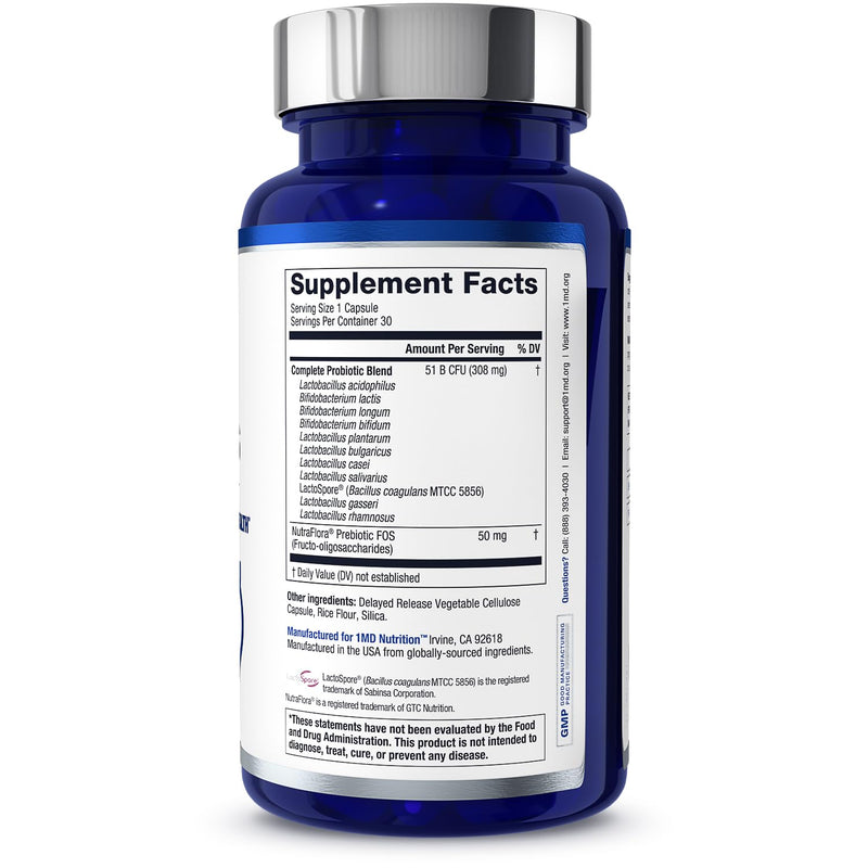 [Australia] - 1MD Nutrition Complete Probiotics Platinum - w/Prebiotics and Probiotics for Digestive Health - Probiotic Supplement for Women & Men - More Than 50 Billion Live CFU 11 Strains Dairy-Free - 30 Caps 30 Count (Pack of 1) 