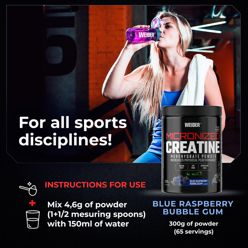Weider Micronized Creatine Monohydrate Powder (300g) Blue Raspberry Bubble Gum Flavour. Creatine Monohydrate 200 Mesh Ultrafine with AstraGin, with Stevia, Vegan, Increases Physical Performance