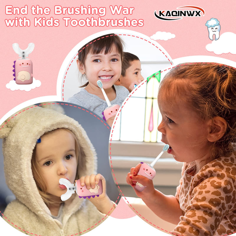 Kids U Shaped Electric Toothbrush for Age 2-12, Rechargeable Toddler Toothbrush with Smart Timer & 3 Clean Modes, Dinosaur Design, IPX7 Waterproof, 3 Brush Heads & 360°Cleaning Dinosaur-pink