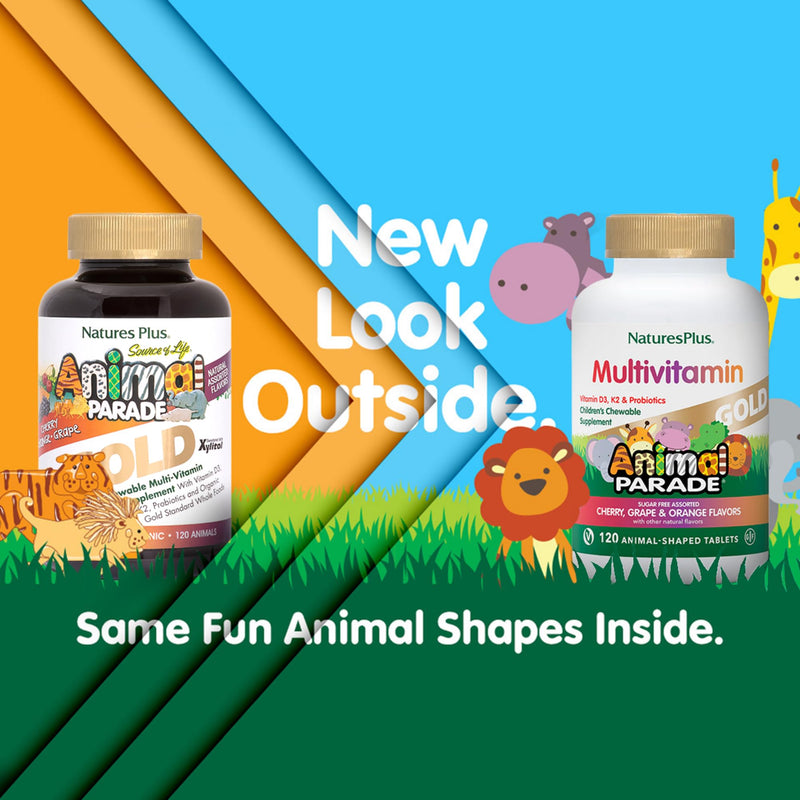 [Australia] - Natures Plus Animal Parade Gold Children's Multivitamin - 120 Animal-Shaped Chewable Tablets - Assorted Cherry, Orange & Grape Flavors - Vegan, Gluten Free - 60 Total Servings 120 Count (Pack of 1) 