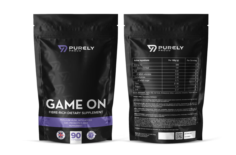 Game ON – Fibre Rich Supplement for Bottoms | Stay Ready with Psyllium Husk, Probiotics, Peppermint | Supports Digestion, Gut Health & Clean Confidence | Vegan | 90 Capsules | Made in UK