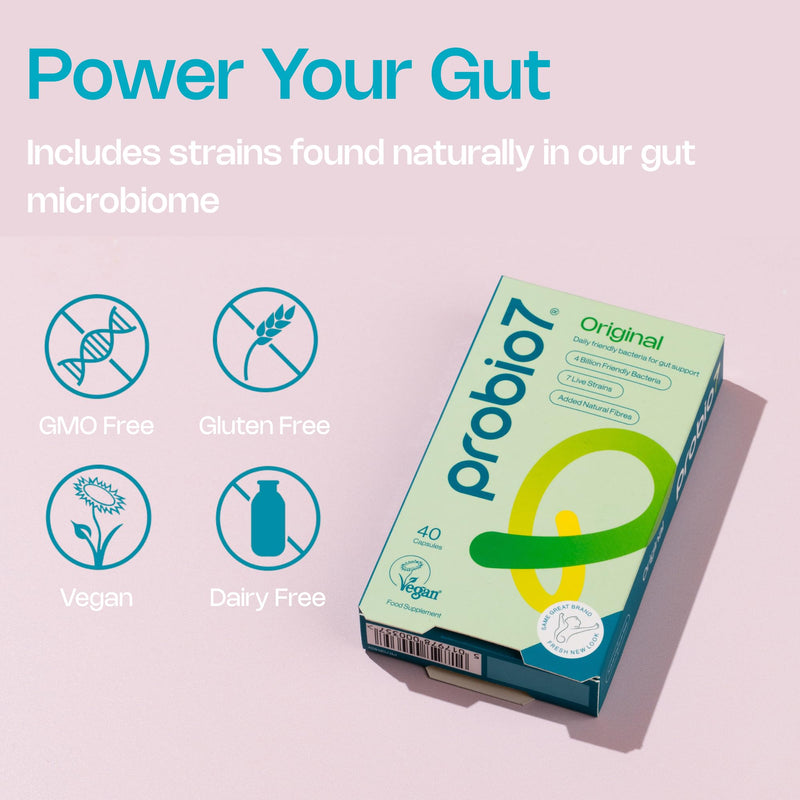 Probio7 Original – Gentle Daily Gut Support | Vegan Approved | with 4 Billion CFU, 7 Live Bacterial Strains + Natural Fibre | Digestive Health Supplements, Probiotics for Gut Health, 200 Capsules