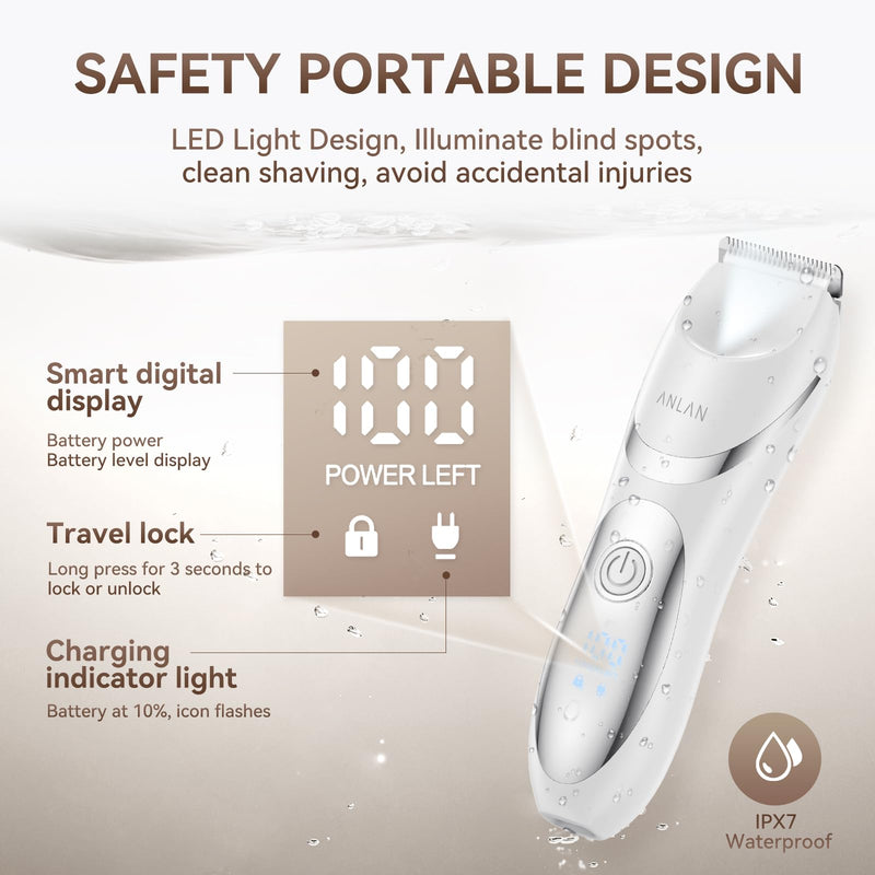 [Australia] - ANLAN Women's Electric Shaver Waterproof IPX6, Rechargeable Bikini Trimmer with LED Display, 0mm Comb for Legs Underarms Sensitive Skin (White Silver) White Silver 