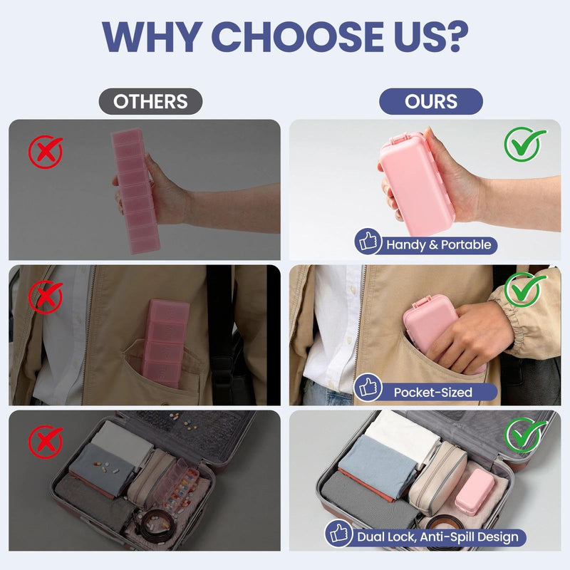 Foldable & Portable Weekly Pill Organizer, Week Daily 7 Day Travel Pill Box | 1 Time A Day, with 1 Extra Compartment, Double Lock, Large Medicines Case Holder Dispenser for Med, Vitamin, Supplement, Pink