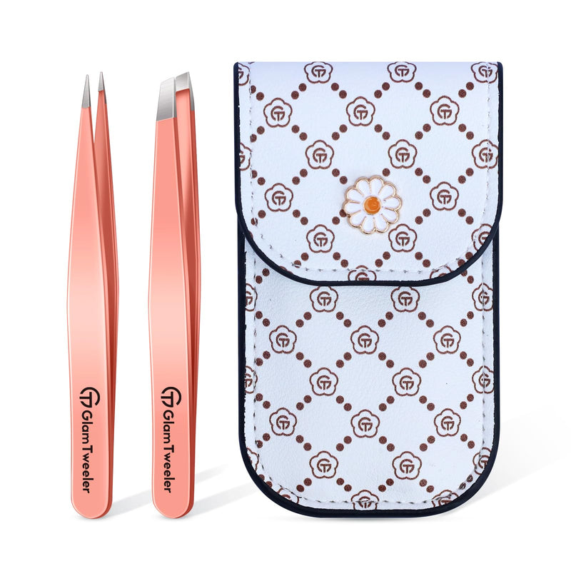 Expert Slant and Point Tip Tweezer Set with Exclusive Travel Case, GlamTweeler Sharp & Precision Tweezer Set for Eyebrows, Facial Hairs & Fine Hairs Removal (Rose Gold)