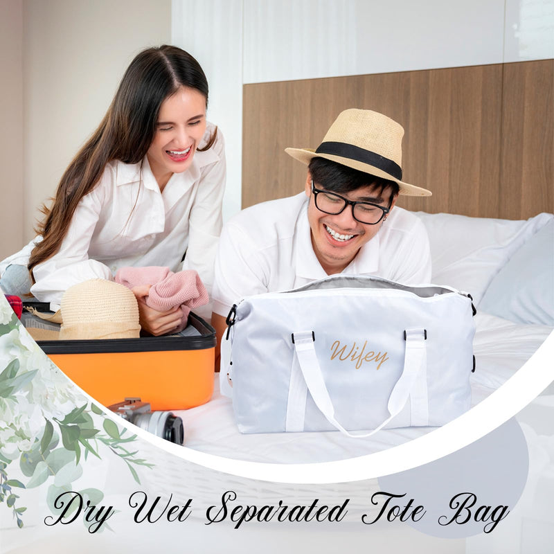 Sanwuta 2 Pcs Mr Mrs Duffel Bag Set Honeymoon Weekender,Wifey Hubby | Wedding Gift for Bride Groom, Embroidered Couple Travel Bags, Adjustable Strap, Water Resistant, Bridal Shower Gift Wifey Hubby