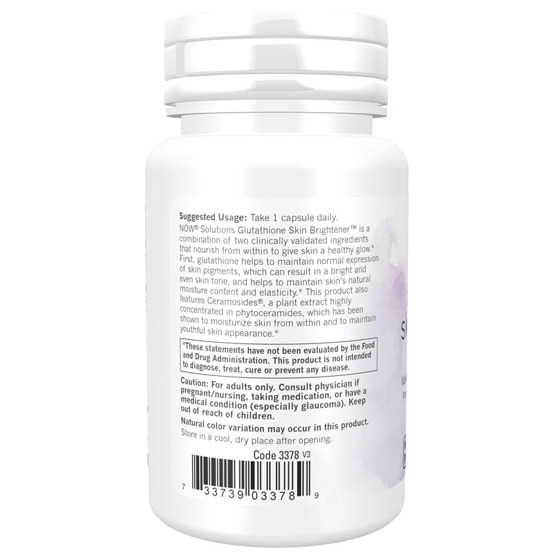 NOW Foods Solutions, Glutathione Skin Brightener with Ceramosides®, Moisturizing and Illuminating, 30 Veg Capsules