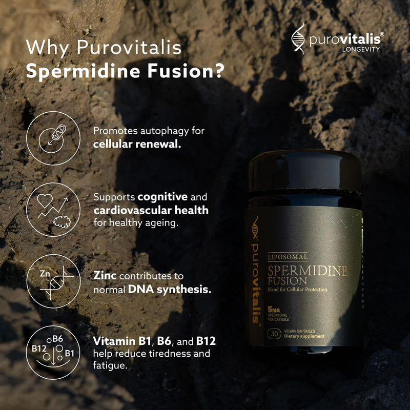 PUROVITALIS Liposomal Spermidine 5mg, Cell Renewal, 30 Servings (30 Vegan Capsules), with Zinc, Vitamin D3 & B12, Anti-ageing Supplement