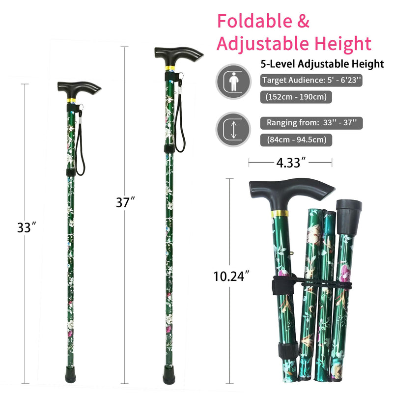 [Australia] - Folding Cane, 5-Level Adjustable Height Lightweight Portable Foldable Walking Canes with Wrist Strap and T Handle for Men Women Seniors Floral Green 
