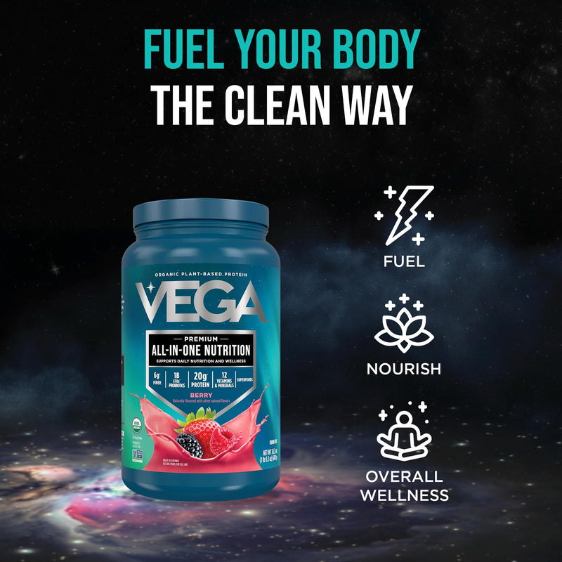 Vega All-in-One Nutrition Organic Vegan Protein Powder – Berry, 20g Protein Meal Replacement Shake – 1.52 lbs (18 Servings) 1.52 Pound (Pack of 1)