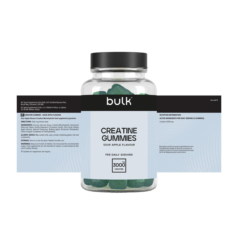 Bulk Creatine Gummies | 3000mg Creatine Monohydrate per Serving | 60 Sour Apple Flavour Gummies | Convenient & Easy to Take Daily | Vegan Pre & Post Workout Supplement
