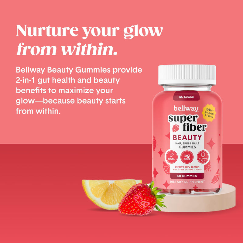 Bellway Super Fiber + Beauty, Fiber Gummies with Biotin, Sugar-Free, 60 Ct | 5g Prebiotic Fiber Supplement with Biotin & Vitamins A, C & E for Digestive Health, Skin, Hair & Nails Strawberry Lemon