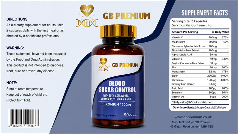 Blood Sugar Control Supplement with Chromium, Folic Acid, Zinc, Magnesium, Selenium, Vitamin E & Vitamin D3, 90 Capsules