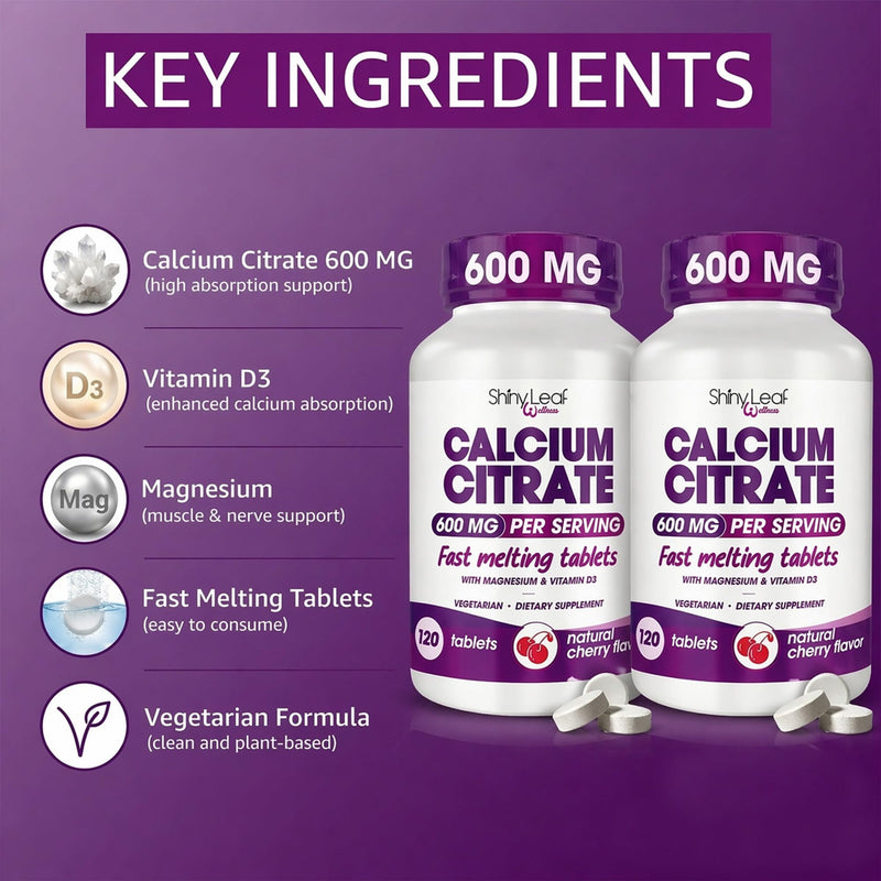 Shiny Leaf Calcium Citrate 600 mg with Magnesium & D3, Cherry, 2 x 120 Ct | Bariatric calcium citrate fast dissolve tablets with magnesium and vitamin D3. High absorption, non chalky, cherry flavor 120 Count (Pack of 2)