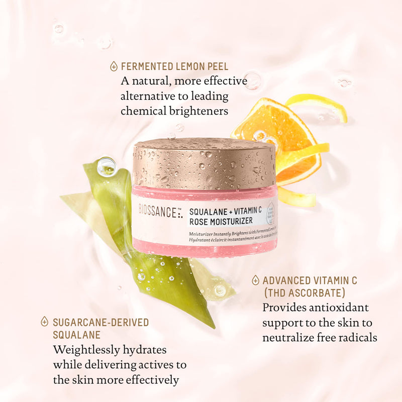 BIOSSANCE Squalane + Vitamin C Rose Face Moisturizer, 1.69 Fl Oz | Antioxidant-rich day/night face lotion, Even skin tone & reduce discoloration, Hydrates and smooths fine lines