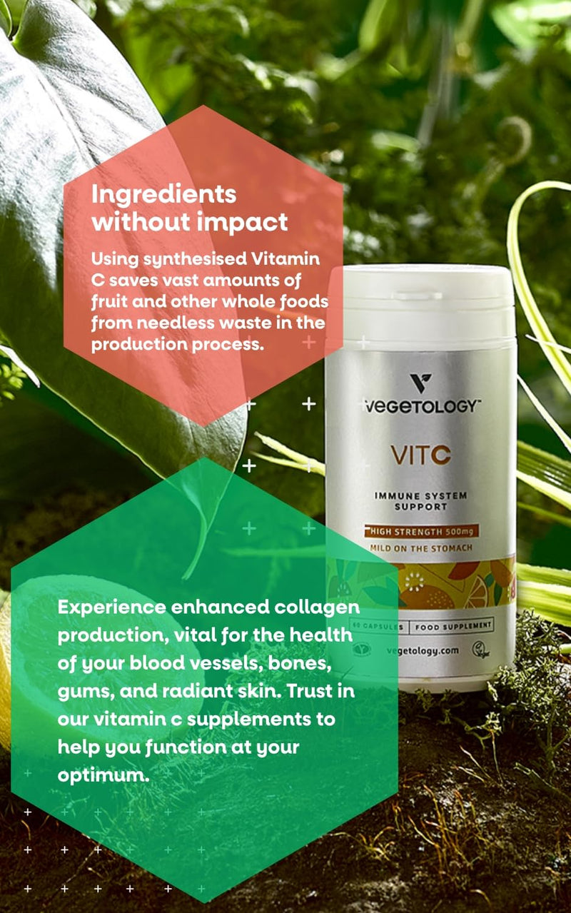 Vegetology Vitamin C Capsules High Strength, 500mg, Gentle Absorption, Sustainably Synthesised, Collagen & Metabolic Support, Vegan, Non GMO