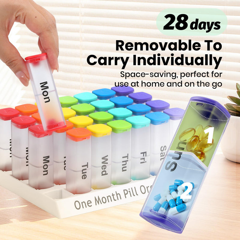 CAidRE 28 Day Pill Box, Clear Extra Large Vitamin Dispenser AM PM | 4 Week Transparent Medication Organizer, Moisture Proof Travel Pods Twice Daily, Instantly Track Your Supplements Clear1 monthly pill oeganizer