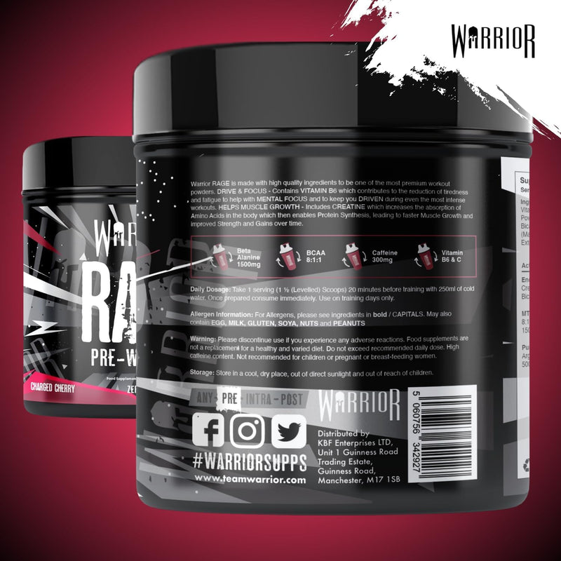 Warrior Rage Pre Workout Powder 392g (45 Servings) – 300mg Caffeine High Stim Energy Drink Supplement + Beta-Alanine, Creatine, BCAA, Taurine, Citrulline & Arginine AAKG for Muscle – Charged Cherry