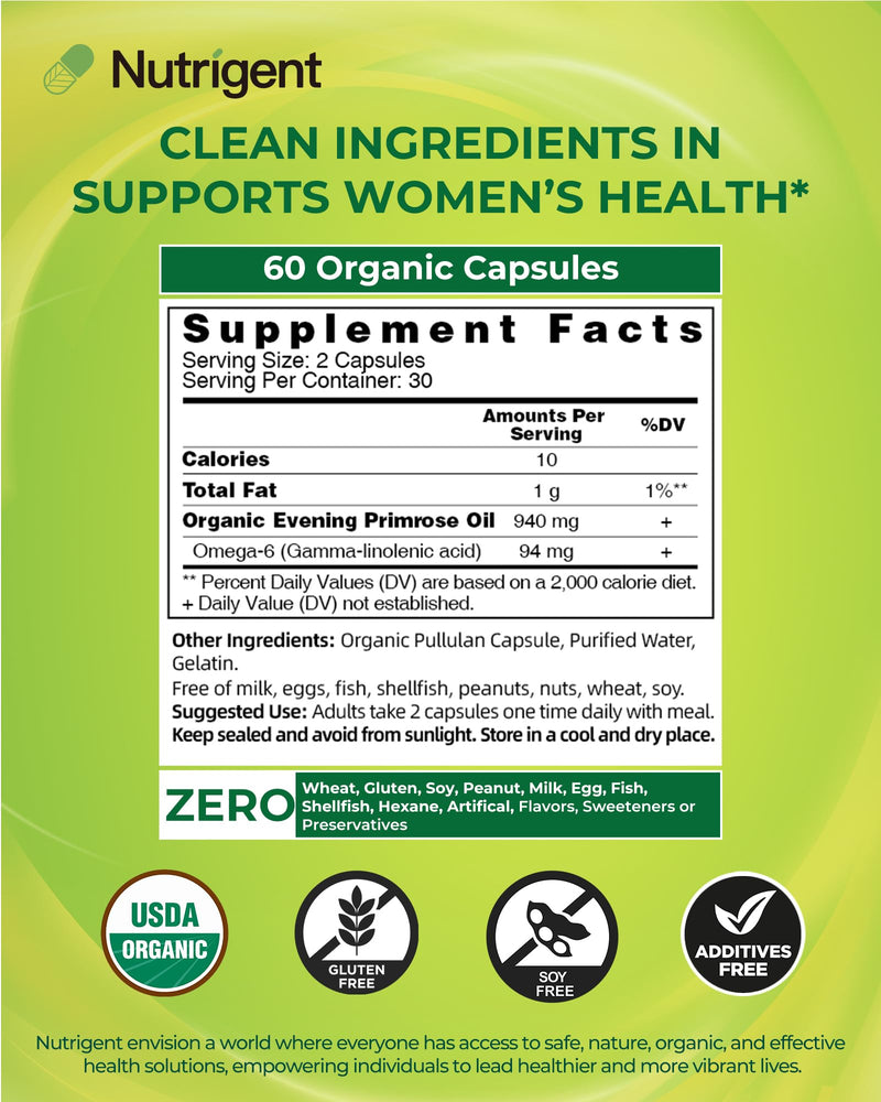 [Australia] - Organic Evening Primrose Oil Supplement, 940 mg 100% Pure with 10% GLA, High Absorption Liquid Organic Capsules, Promotes Women's Health & Skin Health, Cold Pressed, 60 Count 1 