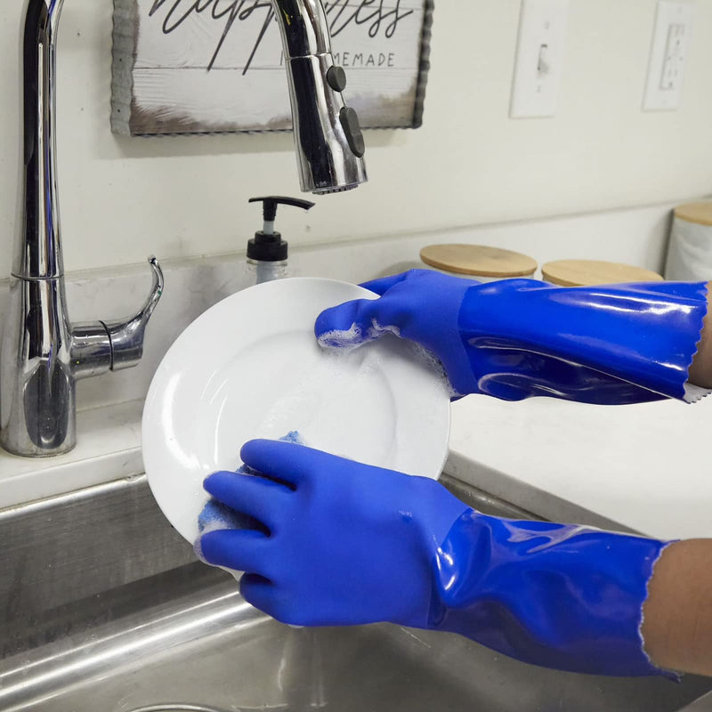 [Australia] - 2 Pairs Rubber Household Cleaning Gloves for Kitchen Dishwashing, Cotton Lined (Blue) Large (Pack of 2) 