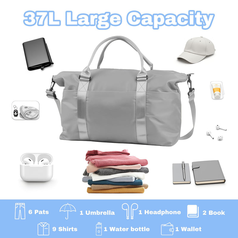 Travel Duffle Bag for Women, Carry On Weekender Tote with Trolley Sleeve | Waterproof overnight bag for gym, sports, hospital stays, labor and delivery; spacious carry-on design for short trips. Misty Grey