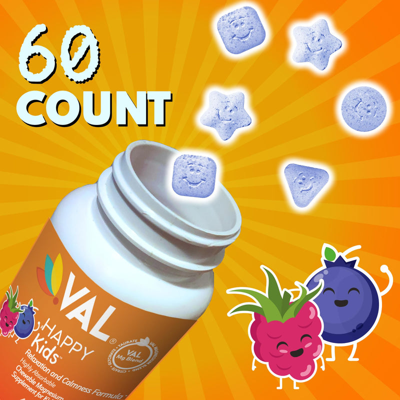 VAL Magnesium for Kids | High-Absorption Magnesium for Calm, Relaxation & Focus | Mg Glycinate, Citrate & Taurate | with Vitamin B6, D & C | Sugar-Free, Non-GMO | 60 Chewable Tablets Blueberry 60 Count (Pack of 1)