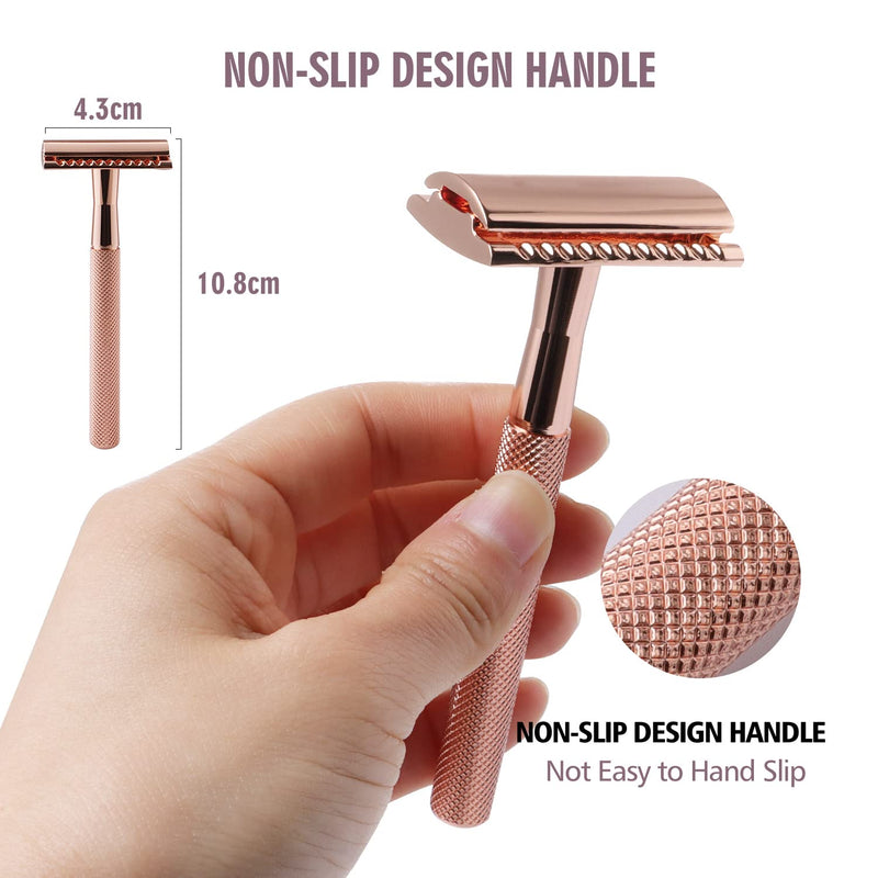 KINGHOOD Safety Razors for Sensitive Skin,Single Blade Razor with 10 Double Edge Blades,Reusable Metal Razor for a Smooth and Clean Shave(Rose Gold) Rose gold b