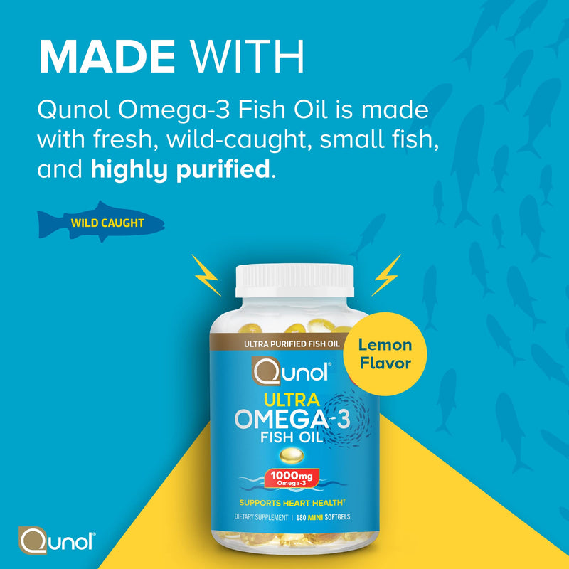 [Australia] - Qunol Fish Oil Omega 3 Mini Softgels, 1000mg Omega 3 EPA + DHA, Ultra Pure Supplements, Heart Health Support, Lemon Flavor, Easy to Swallow Minis, 3 Month Supply, 180 Count 180 Count (Pack of 1) 
