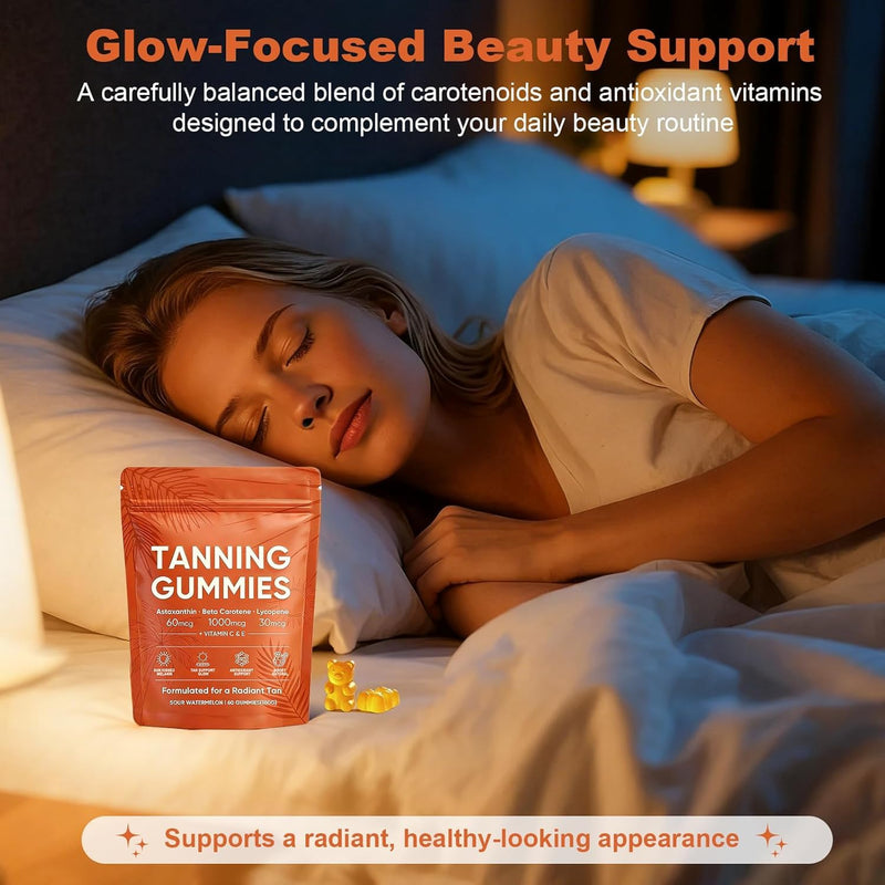 2026 New Skin Tanning Gummies for Women, Astaxanthin, Beta Carotene & Lycopene Blend with Vitamins C & E, Radiant Healthy Skin, Sour Watermelon Flavor, Vegan & Sugar-Free, 60 Count. (1 Pack)