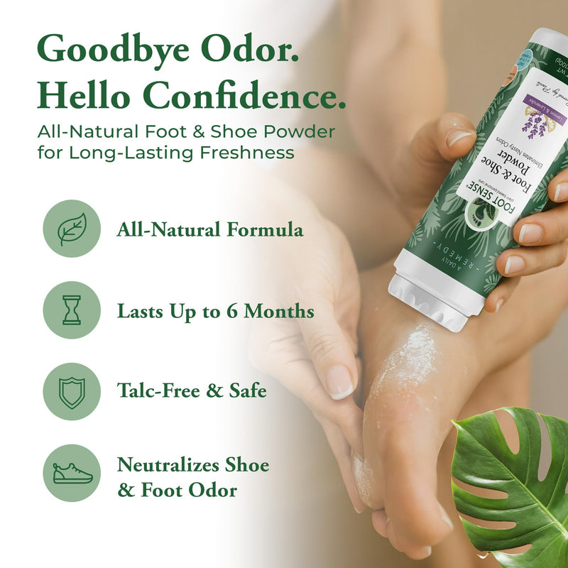 FOOT SENSE All Natural Foot & Shoe Powder, Foot Odor Eliminator for Long-Lasting Odor Control Lasts up to 6 Months, Deodorizes, Safe for Men, Women, Kids, Athletes, 100g 3.5 Ounce (Pack of 1)