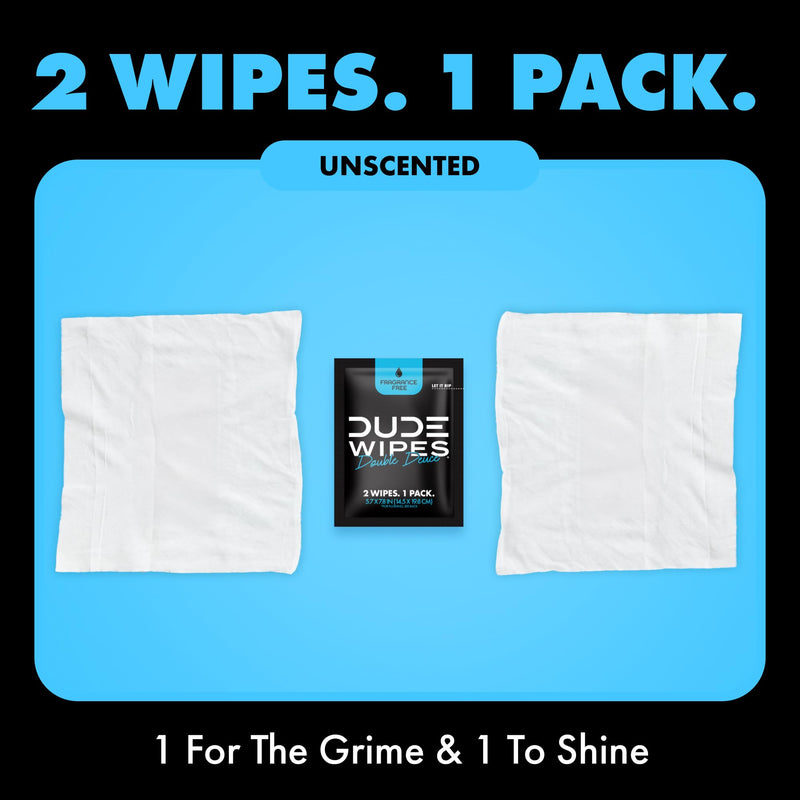 DUDE Wipes Double Deuce On-The-Go Flushable Wipes, 2 Per Pack, 80 Count | 40 packs of 2 unscented flushable butt wipes. Travel essentials. Hypoallergenic, 99% water, vitamin E and aloe. Septic safe. Fragrance Free 80 Count (Pack of 1)