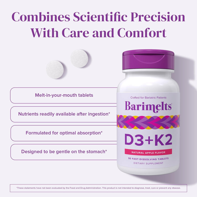 BariMelts Vitamin D3 K2-180 Fast-Dissolving Tablets (6-Month Supply) - Bariatric Vitamins for Women with Vitamin D3 5000 IU and K2 as MK-7, Natural Apple Flavor 90 Count (Pack of 2)
