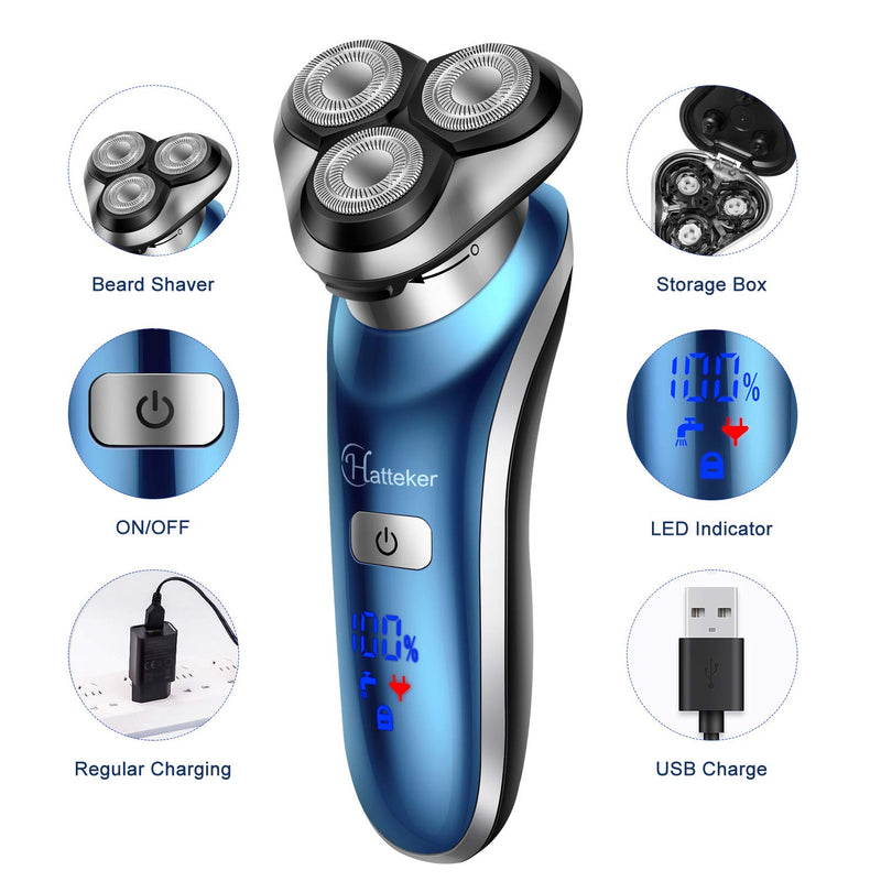 [Australia] - Hatteker Electric Shaver for Men Trimmer for Men Cordless Rechargeable Beard Nose Hair Face Trimmer Rotary Razor USB Groomer Waterproof Wet Dry 4 in 1 Blue 1 Count (Pack of 1) 