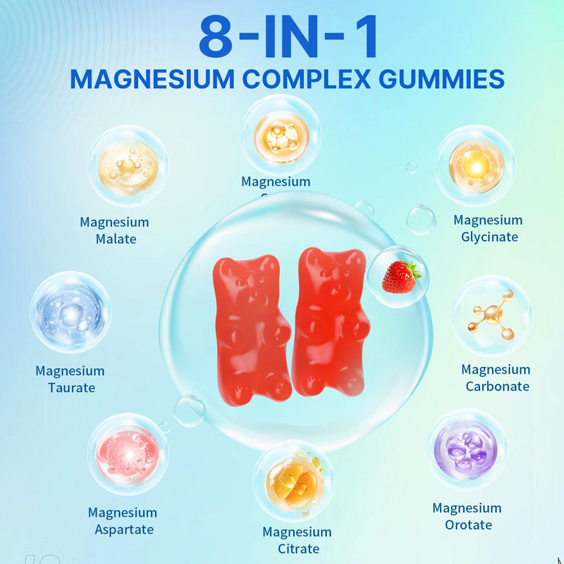 Magnesium Complex Gummies for Women Men 8 in 1, Magnesium Glycinate, Citrate, Malate, Taurate, Supports Bones, Muscle, Nerve Health, Sugar-Free, Vegan Non-GMO, Strawberry Flavor, 120 Count 120 Count (Pack of 1)