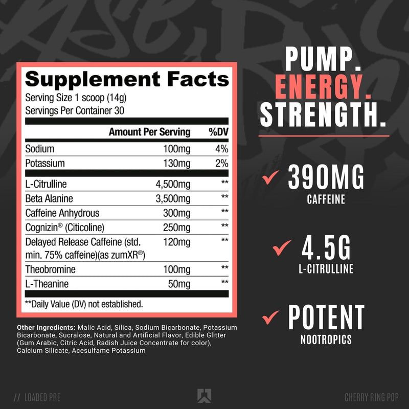 [Australia] - RYSE Up Supplements Loaded Pre Workout Powder Supplement for Men & Women | Pumps, Energy, Focus | Beta Alanine + Citrulline | 390mg Caffeine | 30 Servings (Cherry Ring Pop) Cherry Ring Pop 