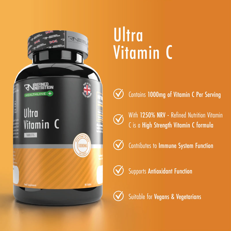 Refined Nutrition Vitamin C 1000mg Tablets – 90 Vegan & Vegetarian Tablets | High Strength Vitamin C with Rose Hip | Immune Support | Once Daily | Made in the UK