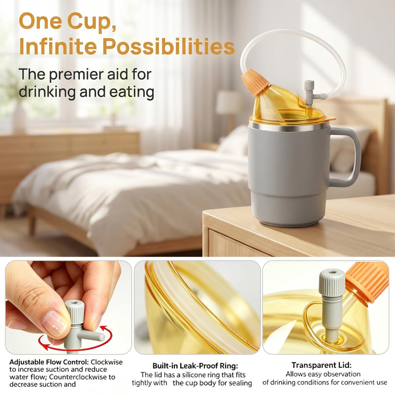 4 in 1 Sippy Cup for Adults, 500ml Adult Sippy Cups for The Elderly Non Spill, Anti Choke Spill Proof Cups with Lid, Long Straw, Sip Spout, & Straw Brush, Beakers for Seniors, Disabled, Dysphagia-Grey