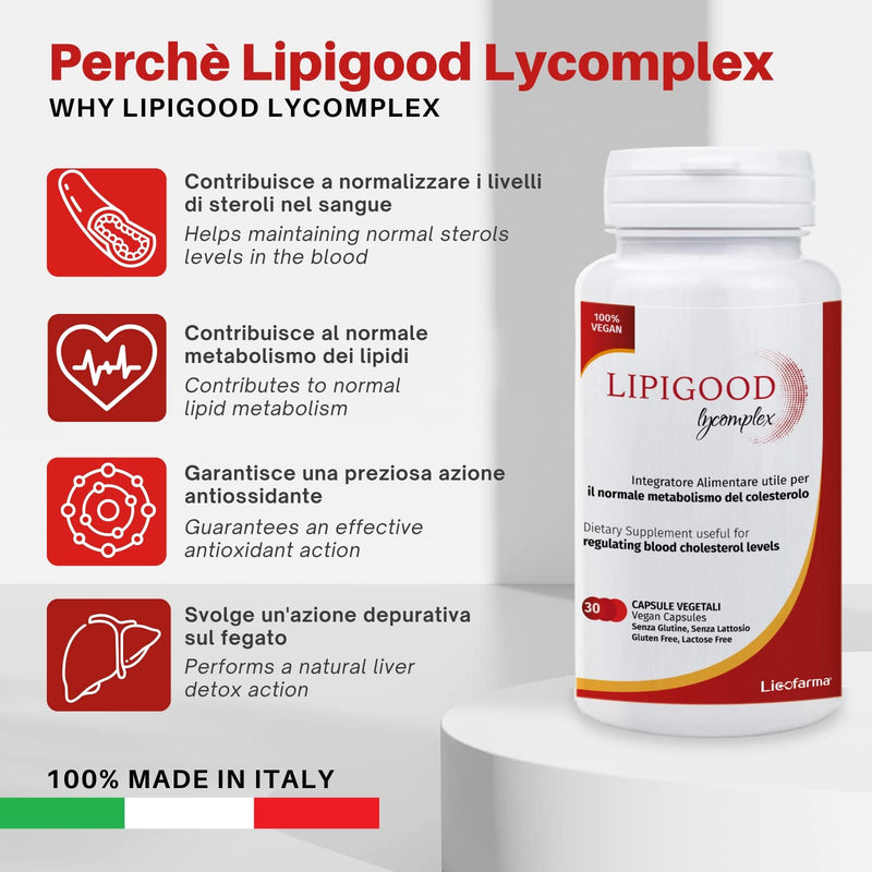Lipigood Lycomplex Cholesterol Supplement | Fermented Red Rice | Monakolin K, Choline, Lycopene, Polycosanols, Artichoke, Coenzyme Q10 | Folic Acid, Vitamins B6 and B12 | 30 Capsules