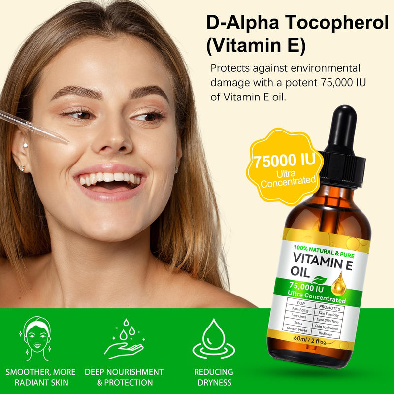 Vitamin E Oil, (2pcs) 100% Pure & Natural Oil for Skin, Face, Hair & Nails, Body Bath for Moisturizing Dry Skin, Non-GMO & Vegan 2 Fl Oz (Pack of 2)