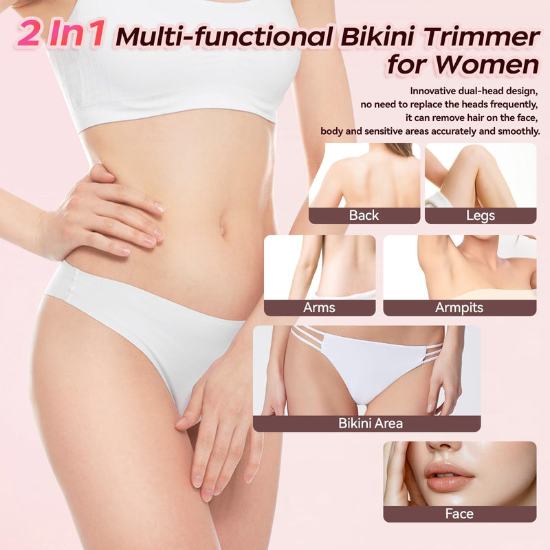 [Australia] - Dual Head Bikini Trimmer for Women, IPX7 Waterproof Wet & Dry Use, Electric Bikini Shaver and Epilator 2-in-1 Electric Razors for Women Bikini Underarm Body Leg Arm Face Intimate Areas,Pink Pink 