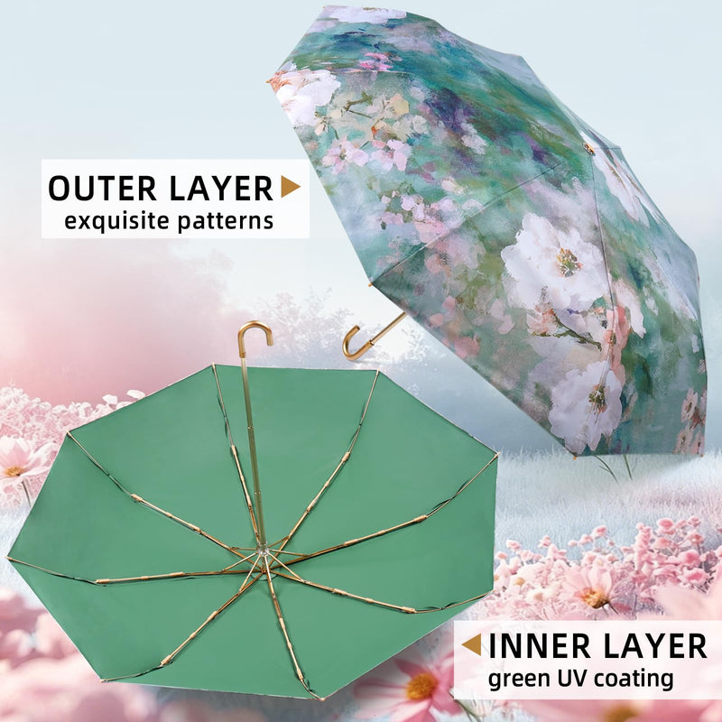 Manual Folding Floral Oil Painting Umbrella for Women - UV Protection Rain Sun Umbrella with Golden Hook Handle Lightweight Fiberglass Frame Green