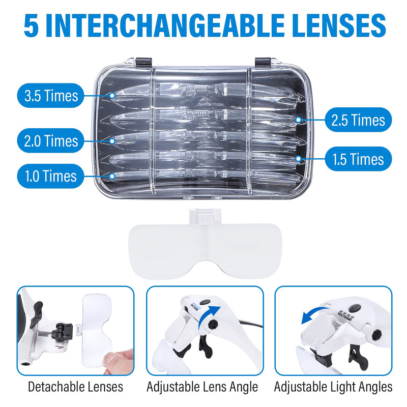 [Australia] - YOCTOSUN Magnifying Glasses with 4 LED Lights, Headband Magnifier with 5 Detachable Lenses 1X, 1.5X, 2X, 2.5X 3.5X -Rechargeable Hands Free Lighted Head Magnifier Glass for Crafts, Cross Stitch, Hobby White 