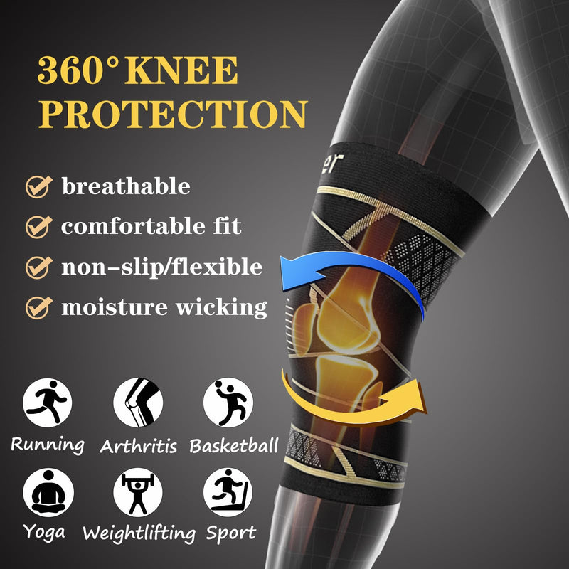 [Australia] - Copper Knee Braces with Strap for Knee Pain Women and Men(2 Pack), Knee Compression Sleeve for Arthritis, ACL, Meniscus Tear, Joint Pain Relief, Knee Support for Working, Running, Weightlifting Black+Copper Medium 