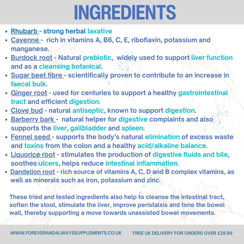 Happy Bowels Colon Cleanse & Detox Capsules, with Sugar Beet Fibre, Cayenne & Ginger, Digestive, Bowel, Intestinal Tract & Liver Support, Natural Laxative, Forever & Always Supplements