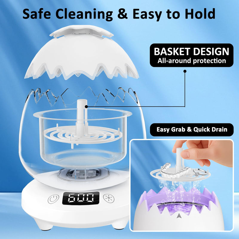 [Australia] - Ultrasonic Retainer Cleaner Machine for Denture, Dental Cleaning Pod with Digital Timer, 45kHz/180ML Waterproof Ultrasonic Denture Cleaners for Aligner, Mouth Guard, Braces, Ring Jewelry Cleaner White 